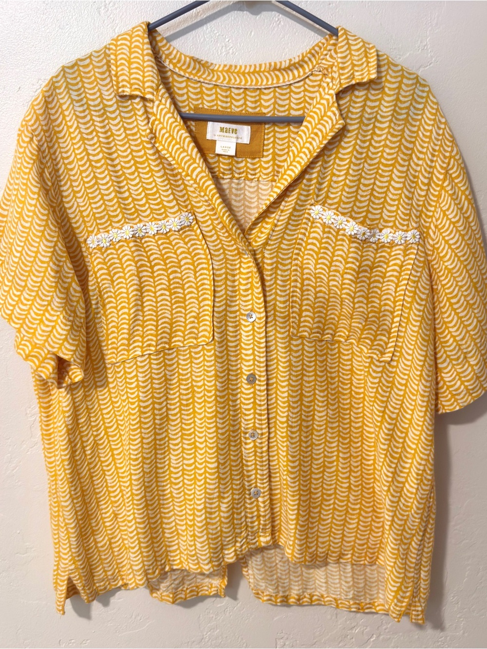 Anthropologie Maeve Yellow Linen Blend Embroidered Pockets Short-Sleeve Blouse